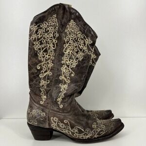 Corral Vintage Womens 7M Brown Crater Bone Embroidery Cowboy Western Boots A1094